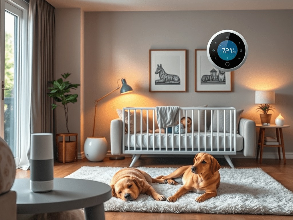 A cozy living room designed as a smart home for families, featuring a crib, two dogs on a rug, a smart speaker, and a digital thermostat set to 72°F. Soft lighting and framed animal art add warmth to the space.