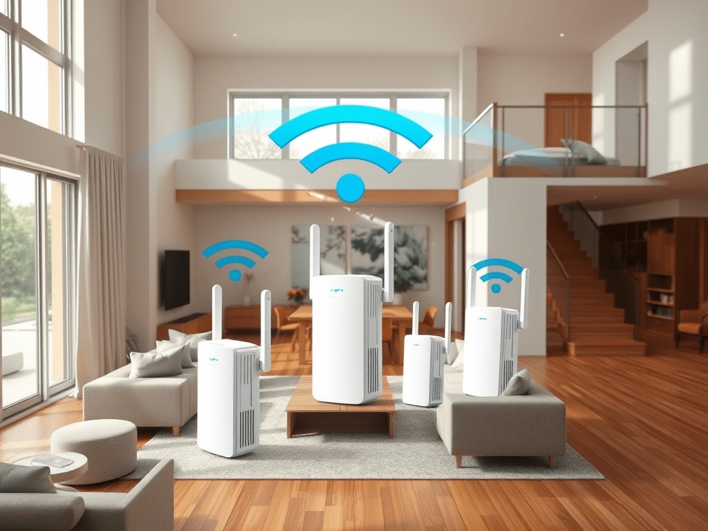 A modern living room with several Wi-Fi routers placed on furniture, emitting large blue Wi-Fi signal icons—symbolizing strong wireless internet coverage and the benefit of using the best Wi-Fi extender for large house spaces.