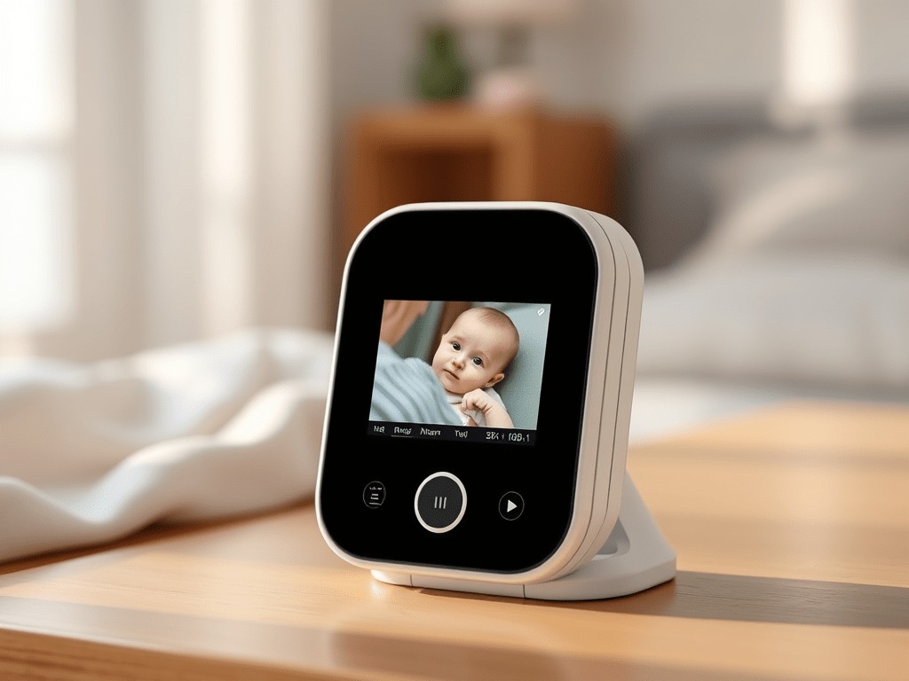 A digital baby monitor, one of the best baby monitors 2025, sits on a wooden nightstand, displaying a live video feed of a baby lying on a bed as soft morning light illuminates the background.