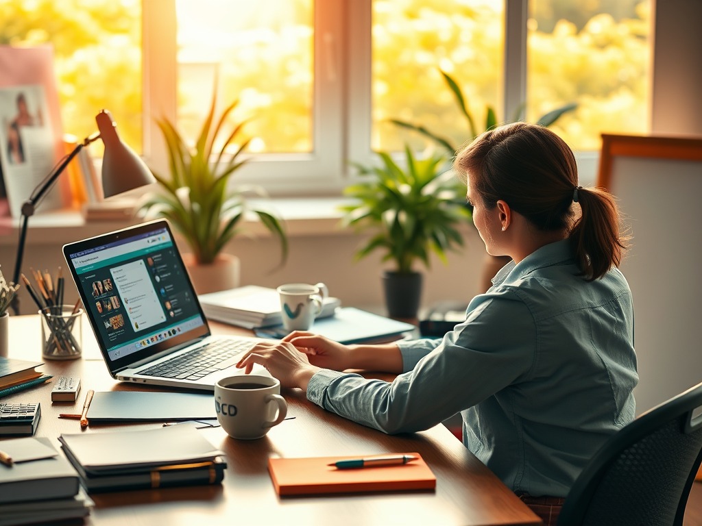 A woman sits at a desk using a laptop in a bright home office with green plants, notebooks, and coffee mugs, exploring ChatGPT productivity tips as sunlight streams in through the window behind her.