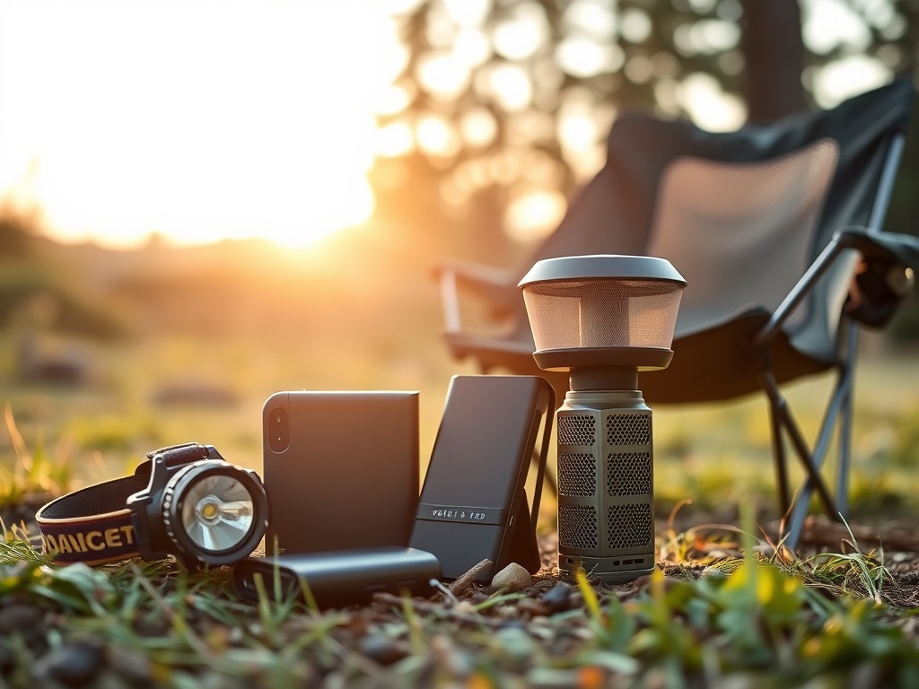 Camping gear on the ground includes a headlamp, two smartphones, camping tech gadgets 2025 like a portable power bank, and a lantern, with a folding chair and sunlight in the background.