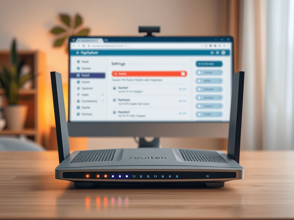 A wireless router with LED indicators sits on a desk in front of a computer monitor displaying how to access router settings, with a cozy home office environment in the background.