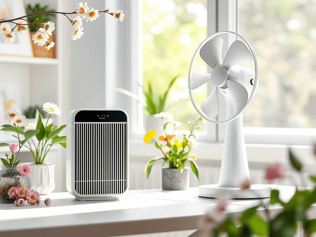 A white fan and a modern smart air purifier 2025 sit on a bright desk, surrounded by vases of colorful flowers, with sunlight streaming through a nearby window.