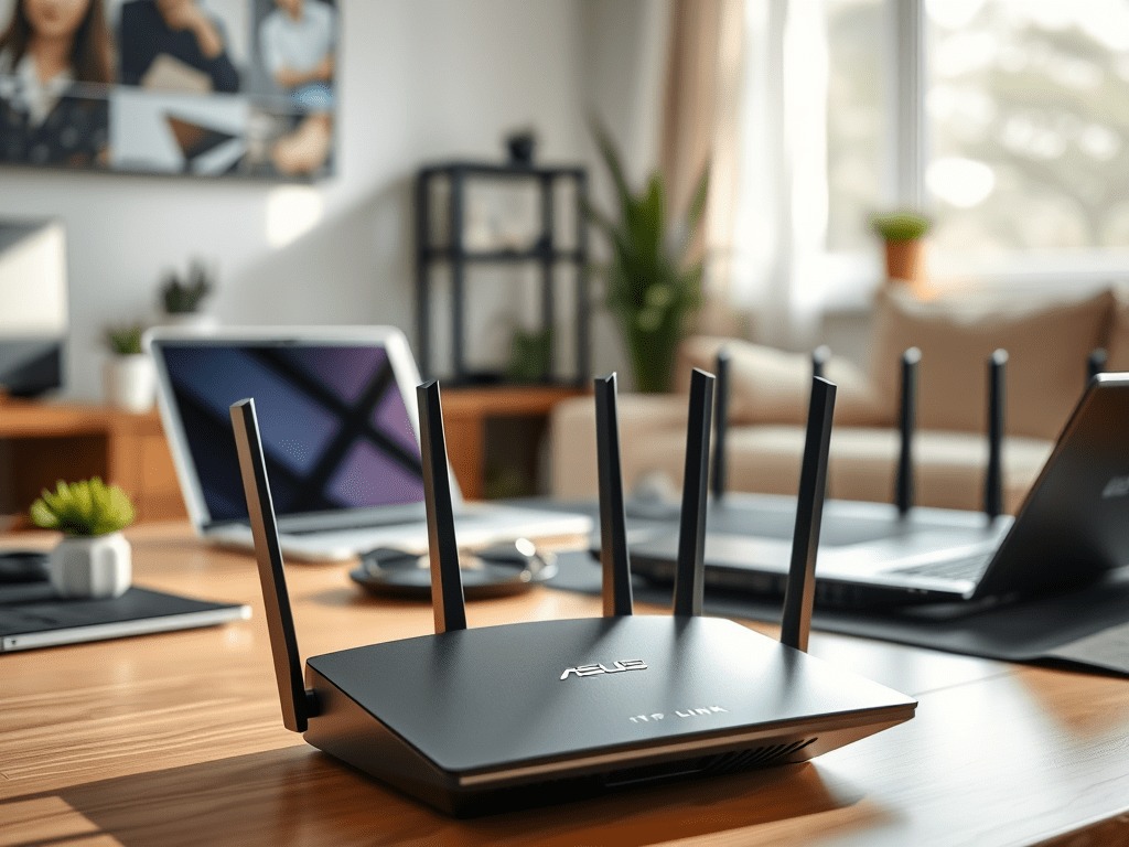 A modern wireless router—one of the best budget Wi-Fi routers 2025—sits on a wooden desk in a bright home office, surrounded by laptops, plants, and other tech devices.