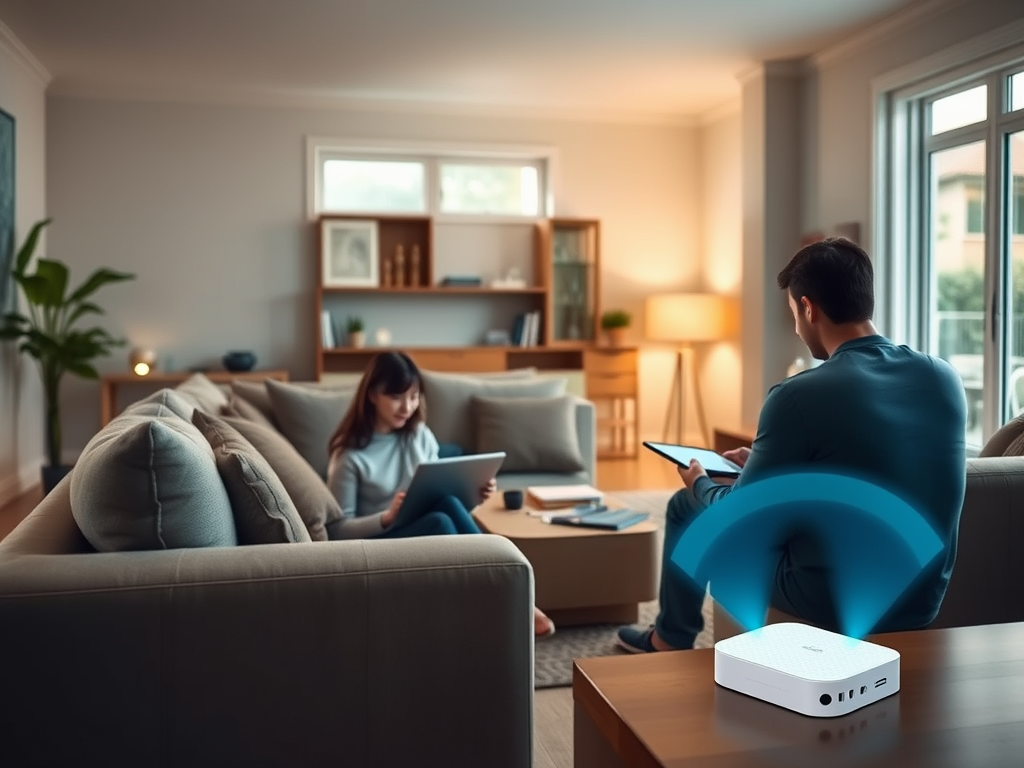 A man and woman sit in a modern living room using digital devices, while a white Wi-Fi router on the table demonstrates how mesh WiFi works by emitting signal waves throughout the space.