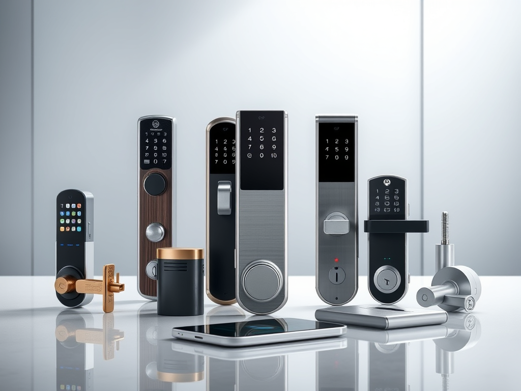 A variety of the best smart locks 2025 and digital door handles in different shapes, finishes, and keypad designs are displayed on a reflective surface, with a smartphone and smart key accessories in front of them.