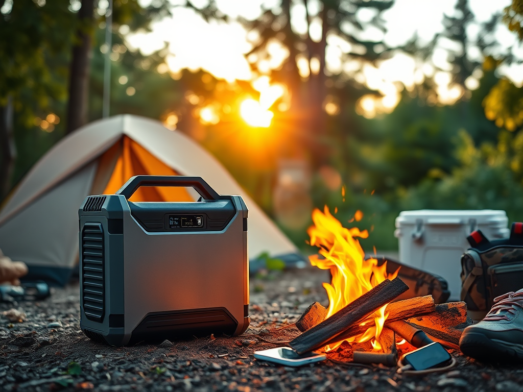 A portable power station, considered the best portable power station for camping, sits near a campfire at a forest campsite, with a tent and cooler in the background as the sun sets through the trees.