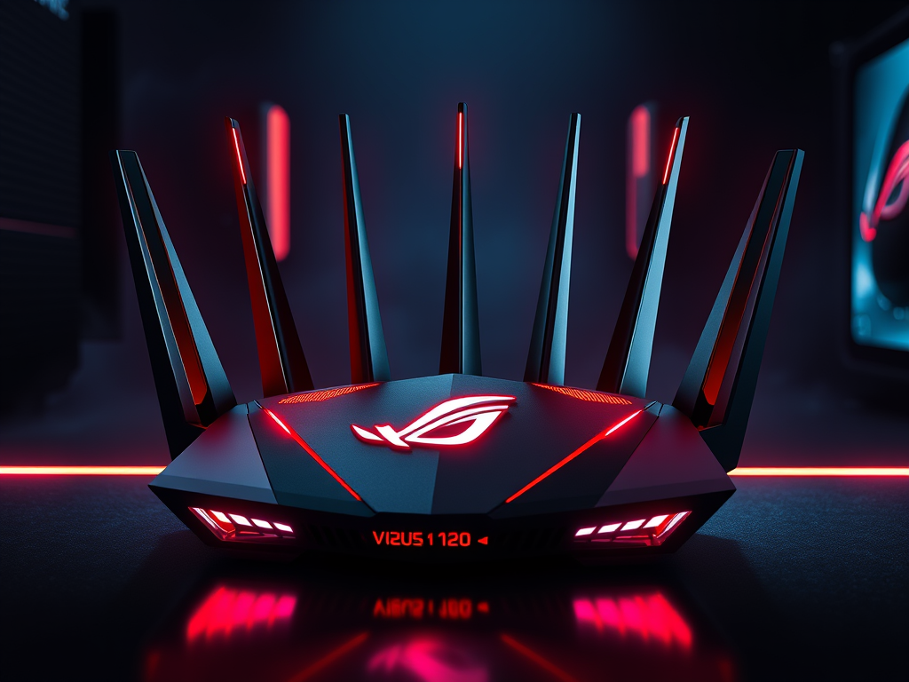 A futuristic black gaming router with multiple antennas and glowing red LED lights, featuring a prominent logo on top, sits on a reflective surface in a dark room with neon red accents.